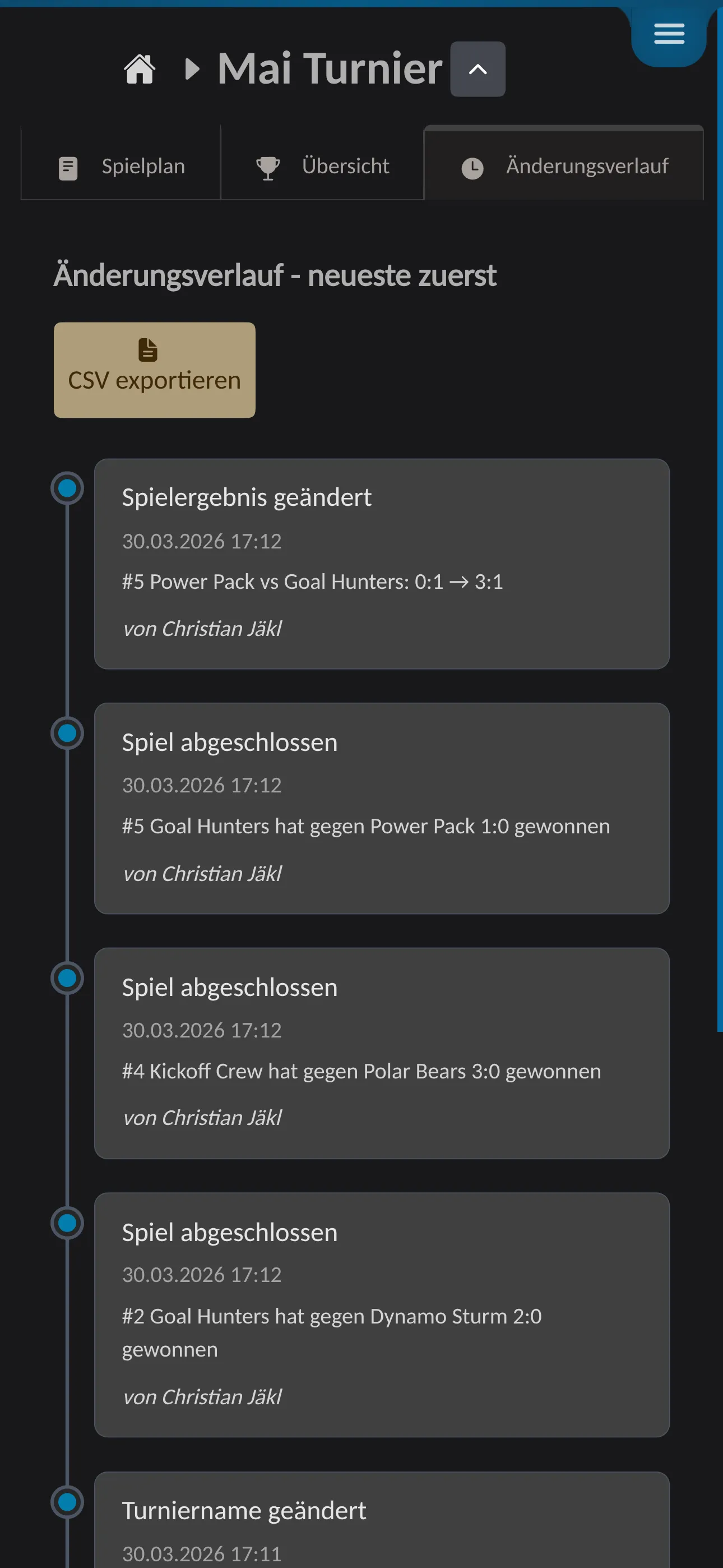 📸 Screenshot: Live-Turnierseite / App-Mockup – So sieht ein laufendes Turnier aus