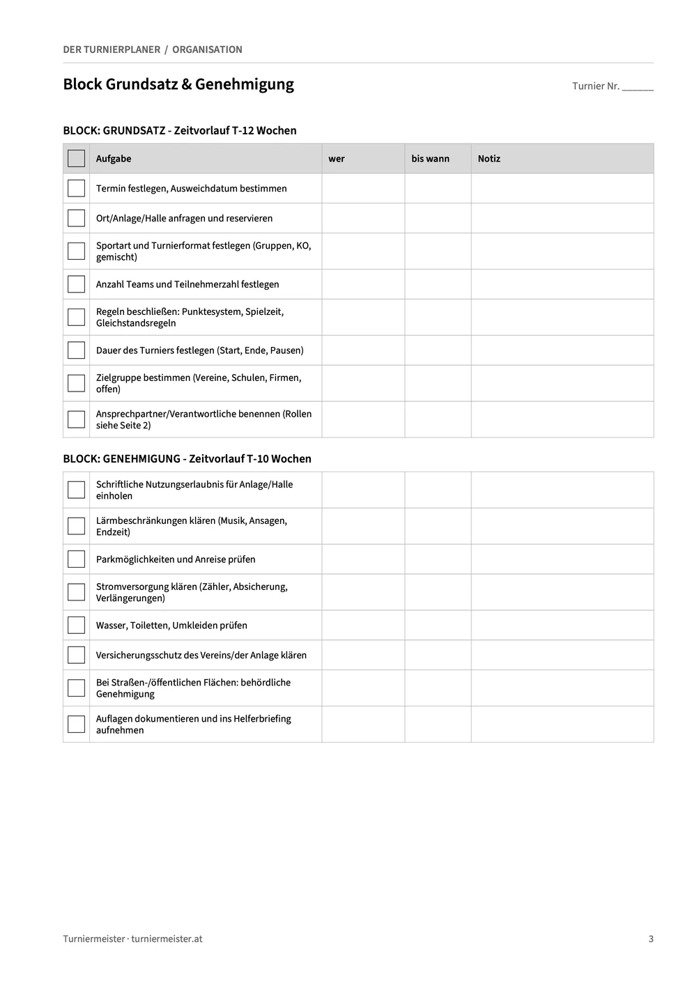 Zeitlich geordnete Checkliste für Termin, Ort, Turnierformat und erforderliche Genehmigungen