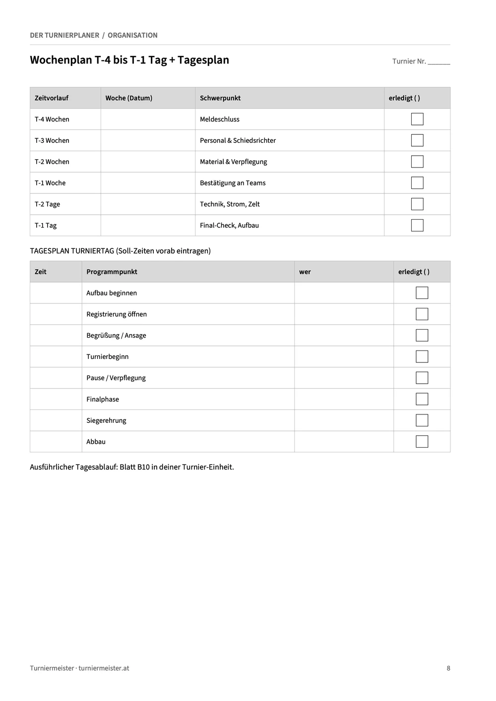 Zeitplan von vier Wochen bis einen Tag vor dem Turnier und Tagesablauf-Vorlage