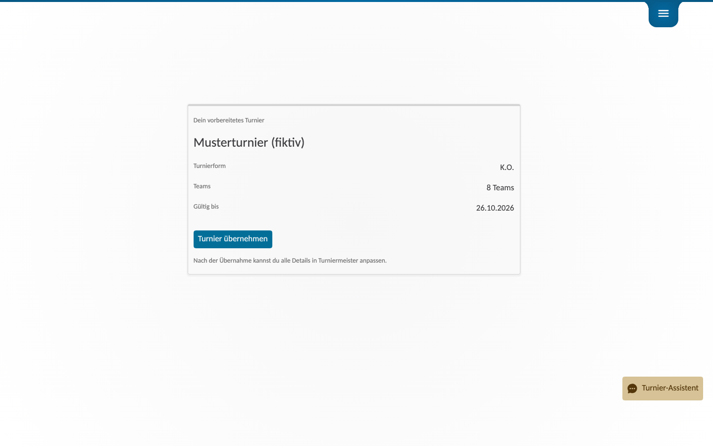 Übernahme-Ansicht eines vorbereiteten Turniers in Turniermeister mit Button „Turnier übernehmen“