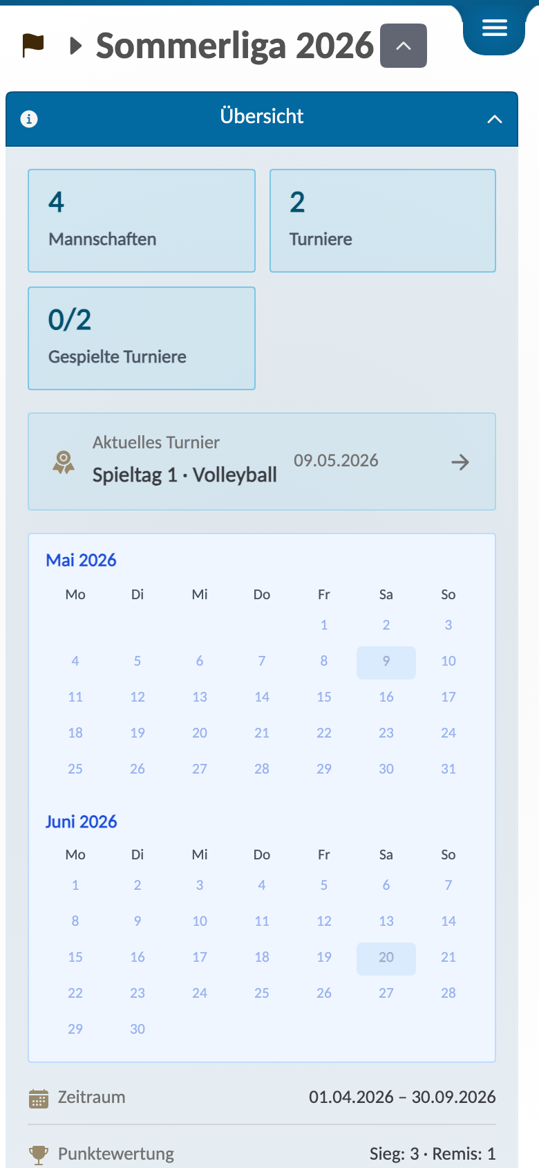 Verwaltungsübersicht der Saison Sommerliga 2026 mit Saisoninfos, Teams und verknüpften Turnieren.