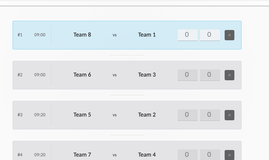 Spielplan eines übernommenen Turniers in der Turniermeister-App: 8 Teams auf 2 Feldern, Startzeiten 09:00 und 09:20